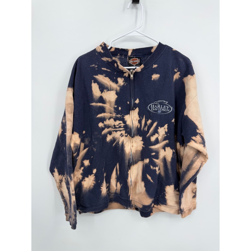 Harley Davidson Frontier Custom Bleach Tie Dye Zip Sweatshirt Mens XL Navy Blue